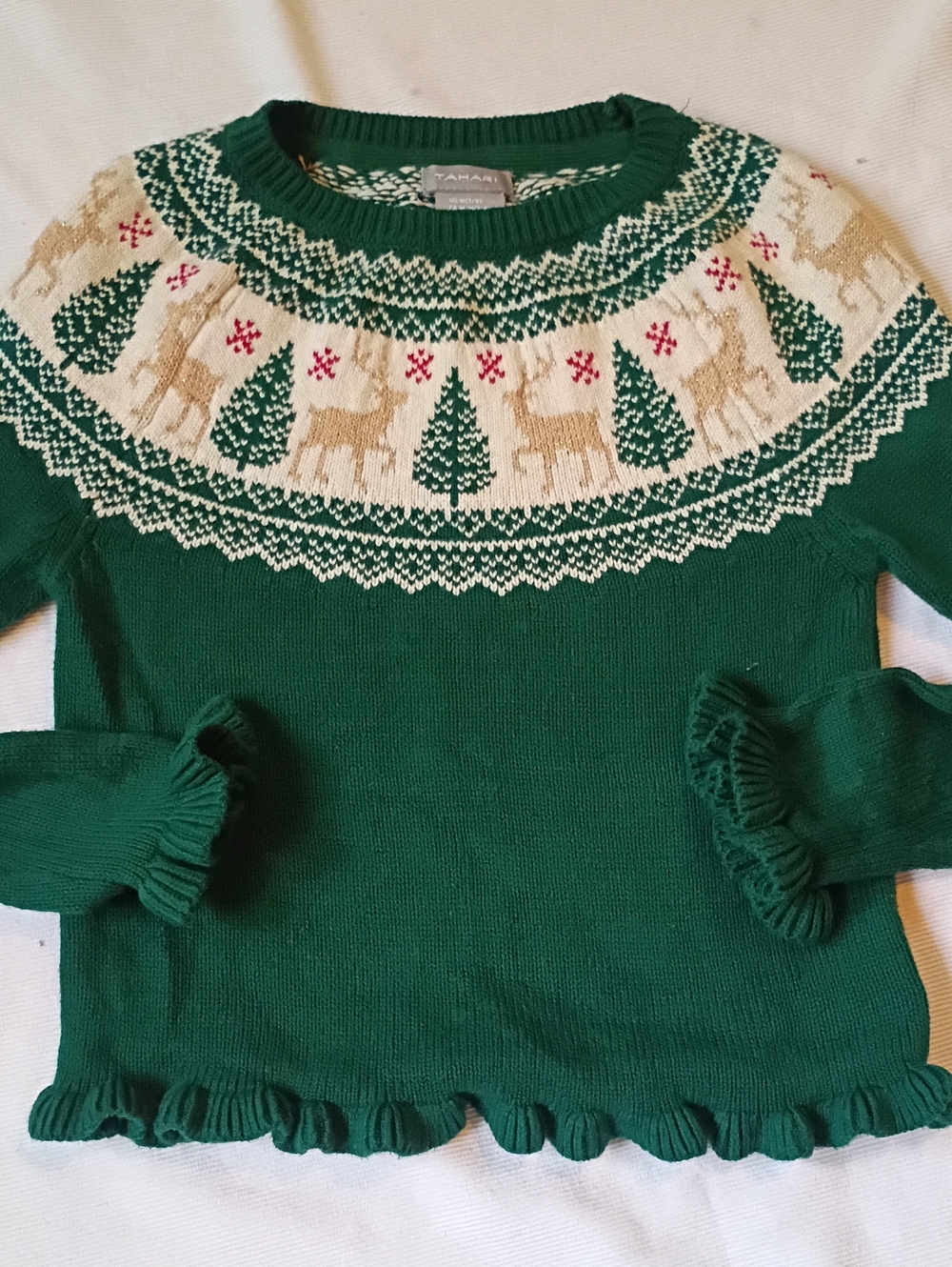 Tahari Green Fair Isle Reindeer Yoke Sweater